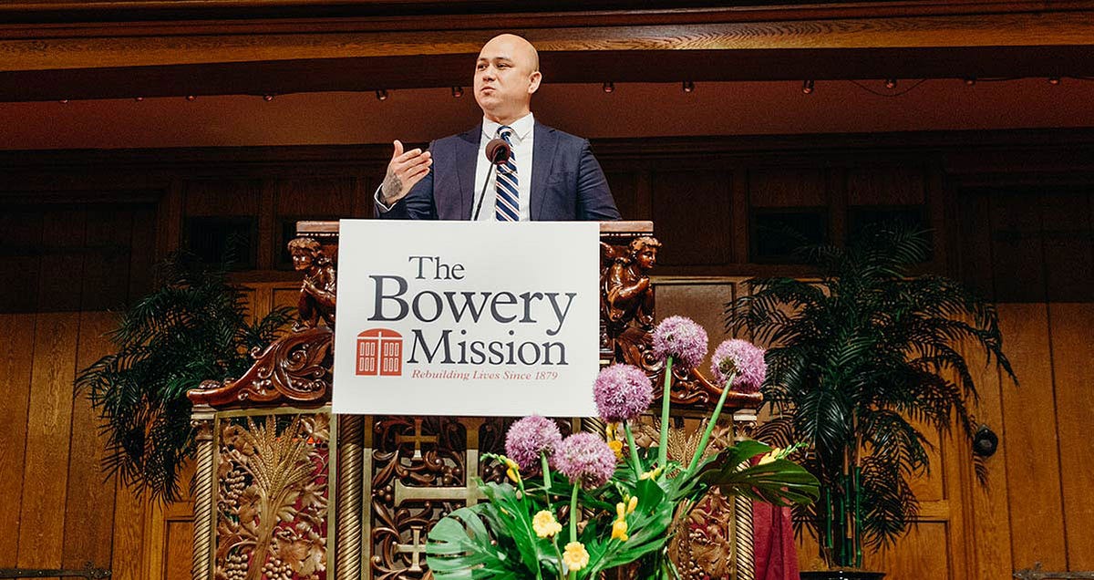 Steven sharing at The Bowery Mission's graduation ceremony.